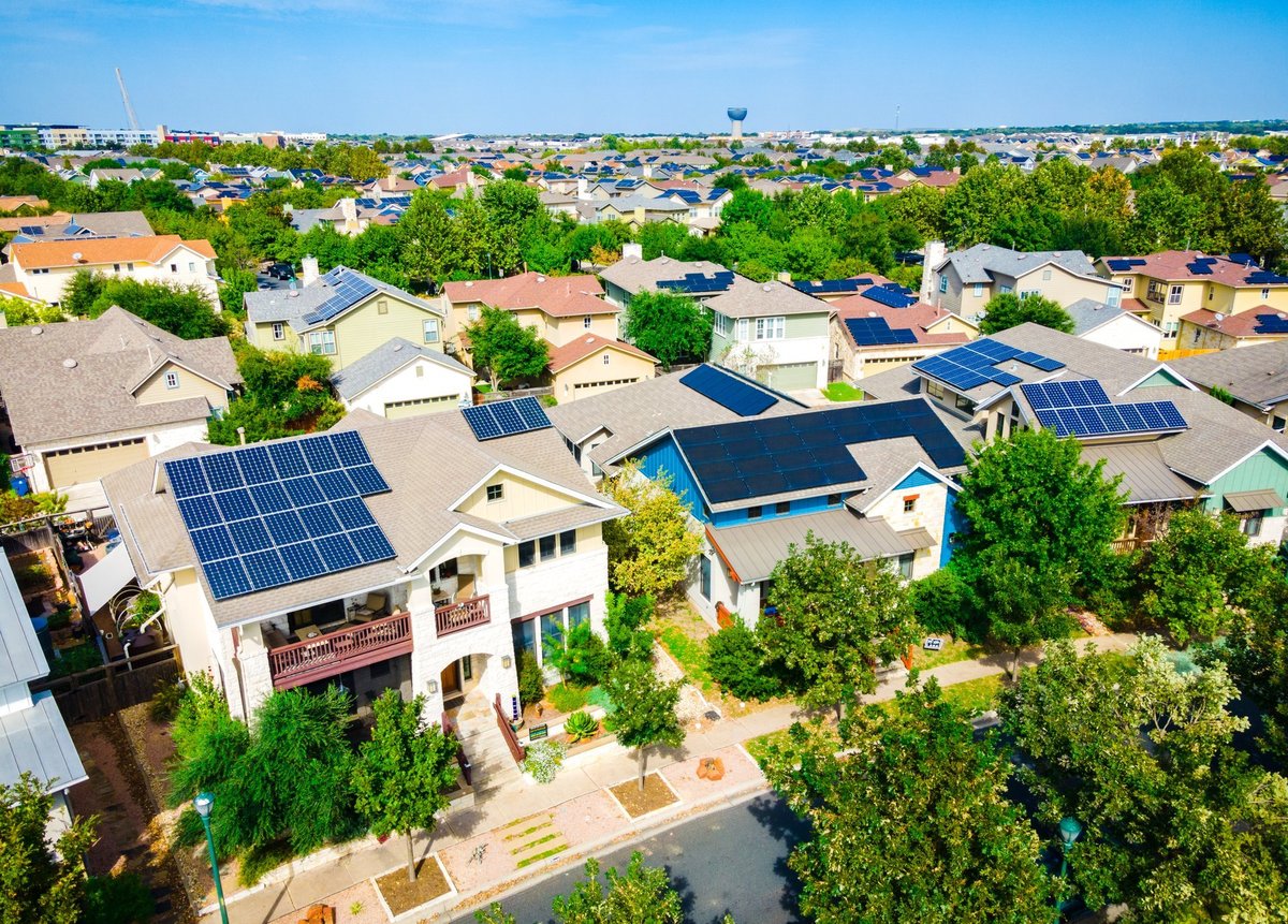 Aerial drone view of the Mueller District in Austin, Texas, USA - sustainable community of homes