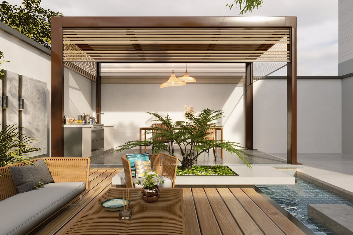 Modern beautiful home terrace with pergola, seating area and plants, 3d render