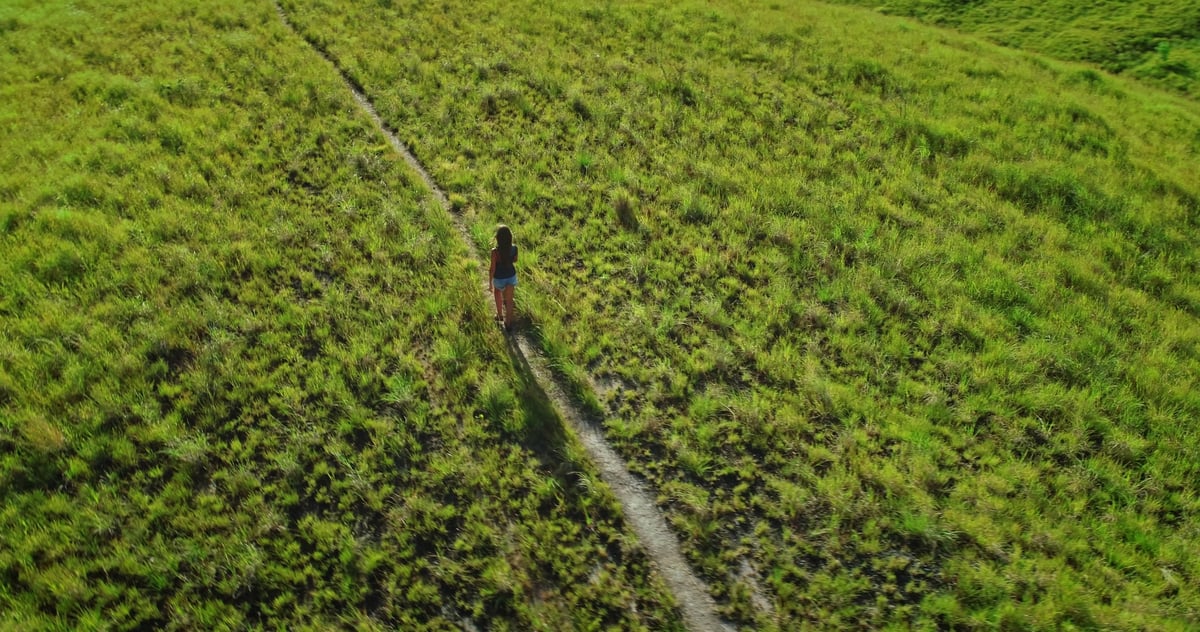 Aerial view capturing a female tourist walking along a winding path on a lush green hill, immersed in the landscape