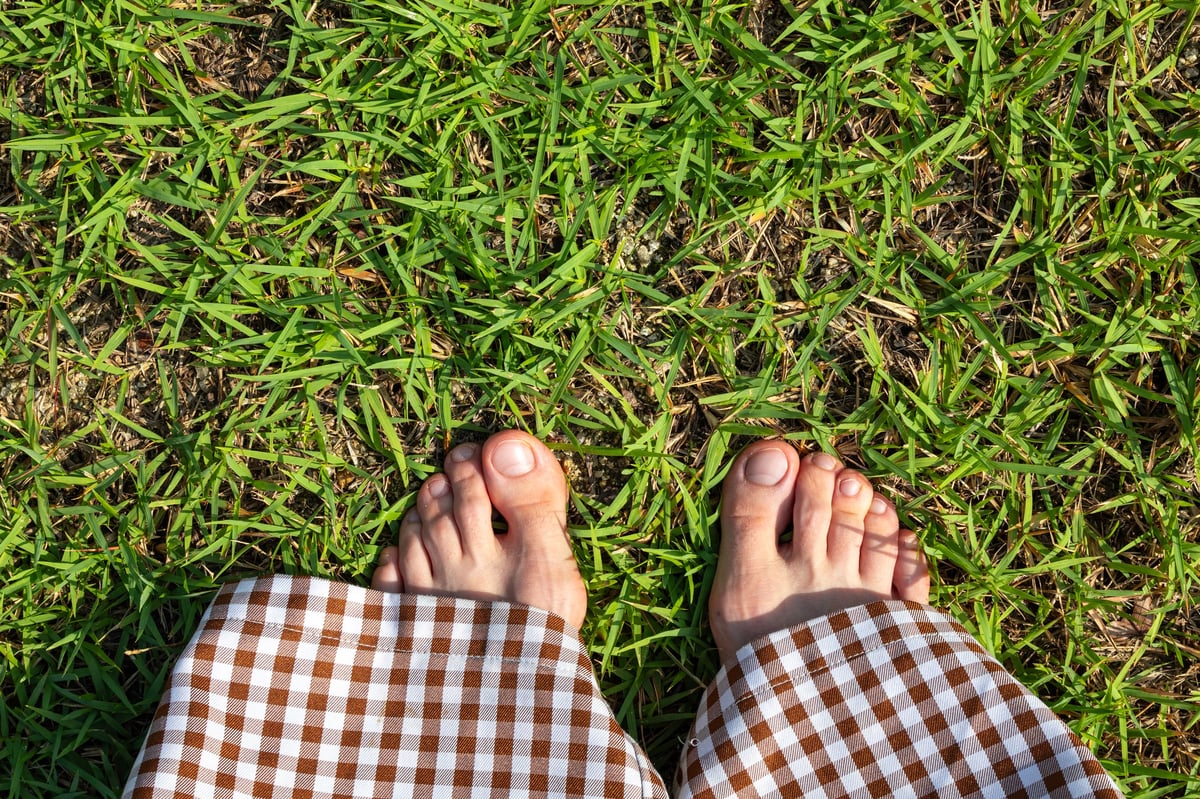 Top view of a woman's bare feet standing on fresh green grass in warm sunlight