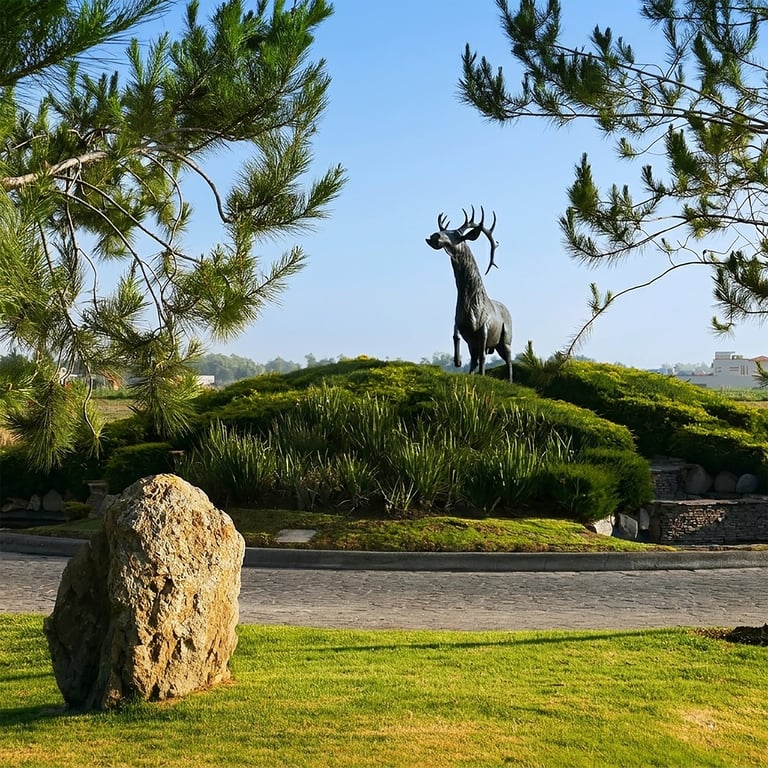 Statue of a buck with antlers on a moss-covered hill surrounded by pine trees and landscaping, with a large rock in the foreground