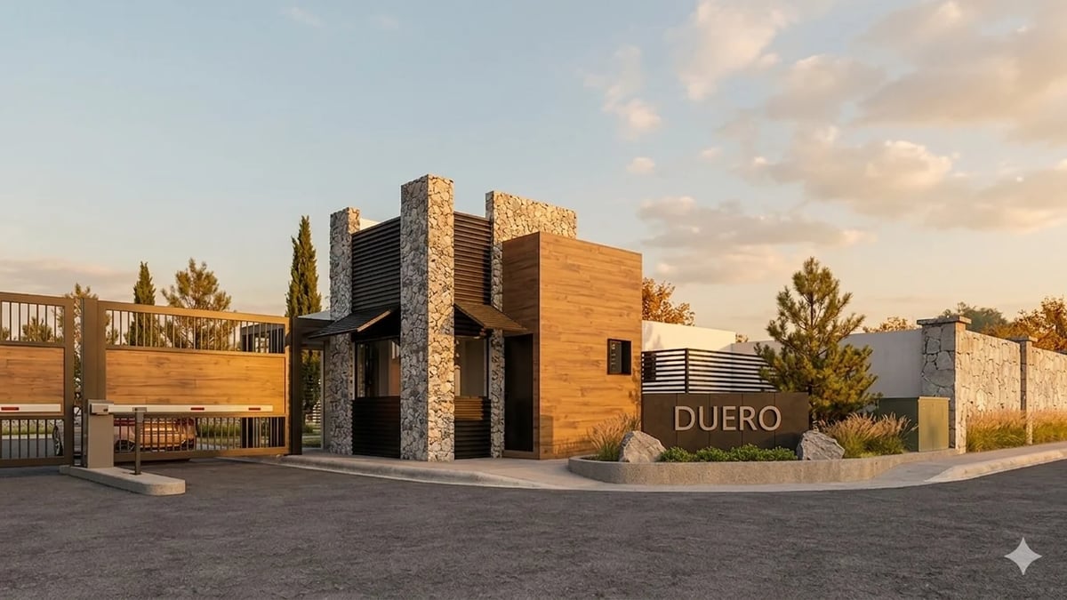 Modern winery building with golden wood and stone facade, labeled Duero, at sunset with cypress trees