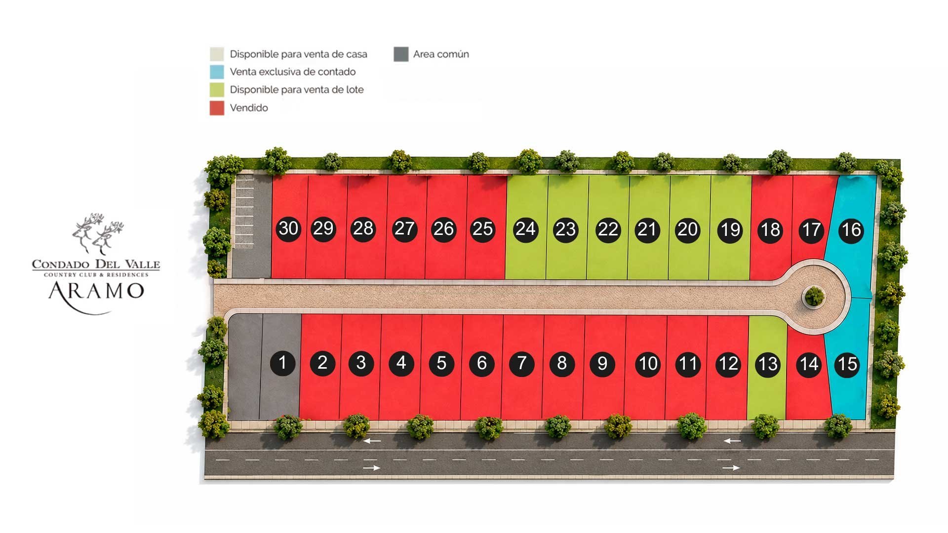 Aerial view of a vineyard estate layout showing numbered wine cellar units in red, green, and blue with a legend indicating tasting areas and storage.