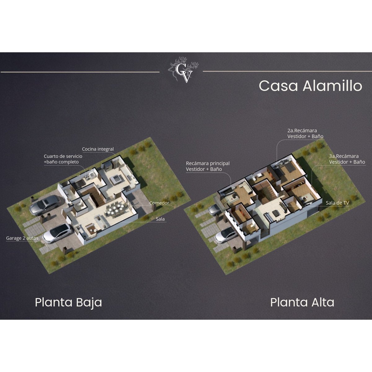 Casa Alamillo architectural floor plan showing lower and upper level layouts with labeled rooms and green outdoor spaces
