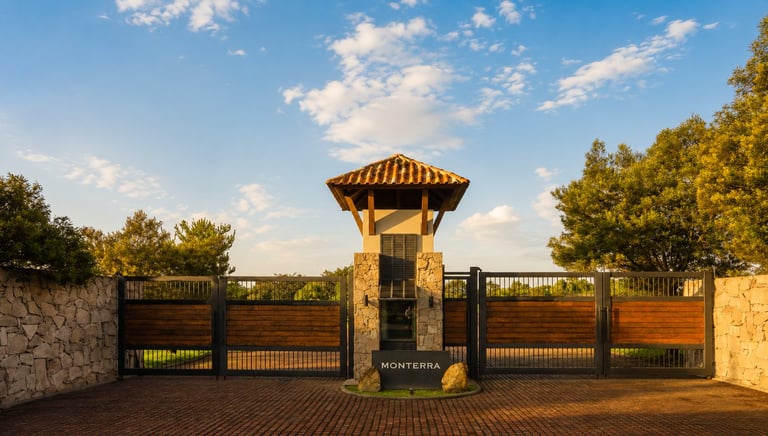 Stone gate with arched wooden roof entrance flanked by metal fencing under blue sky with clouds