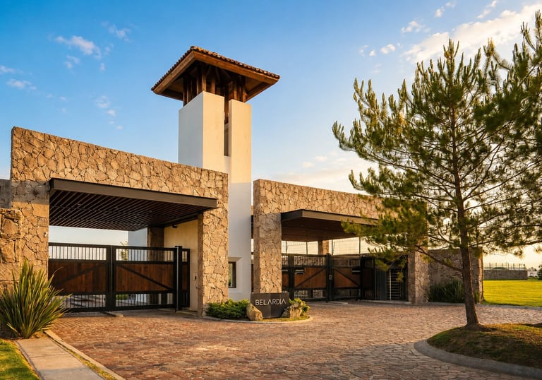 Modern residential home with stone exterior, central tower, and covered carport under clear blue sky