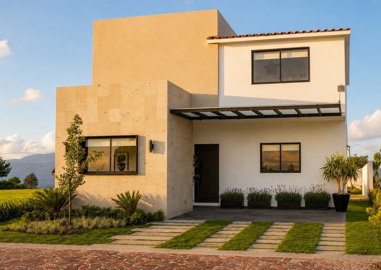 Modern two-story house with beige and white facade, large windows, and manicured lawn with paved walkway leading to entrance