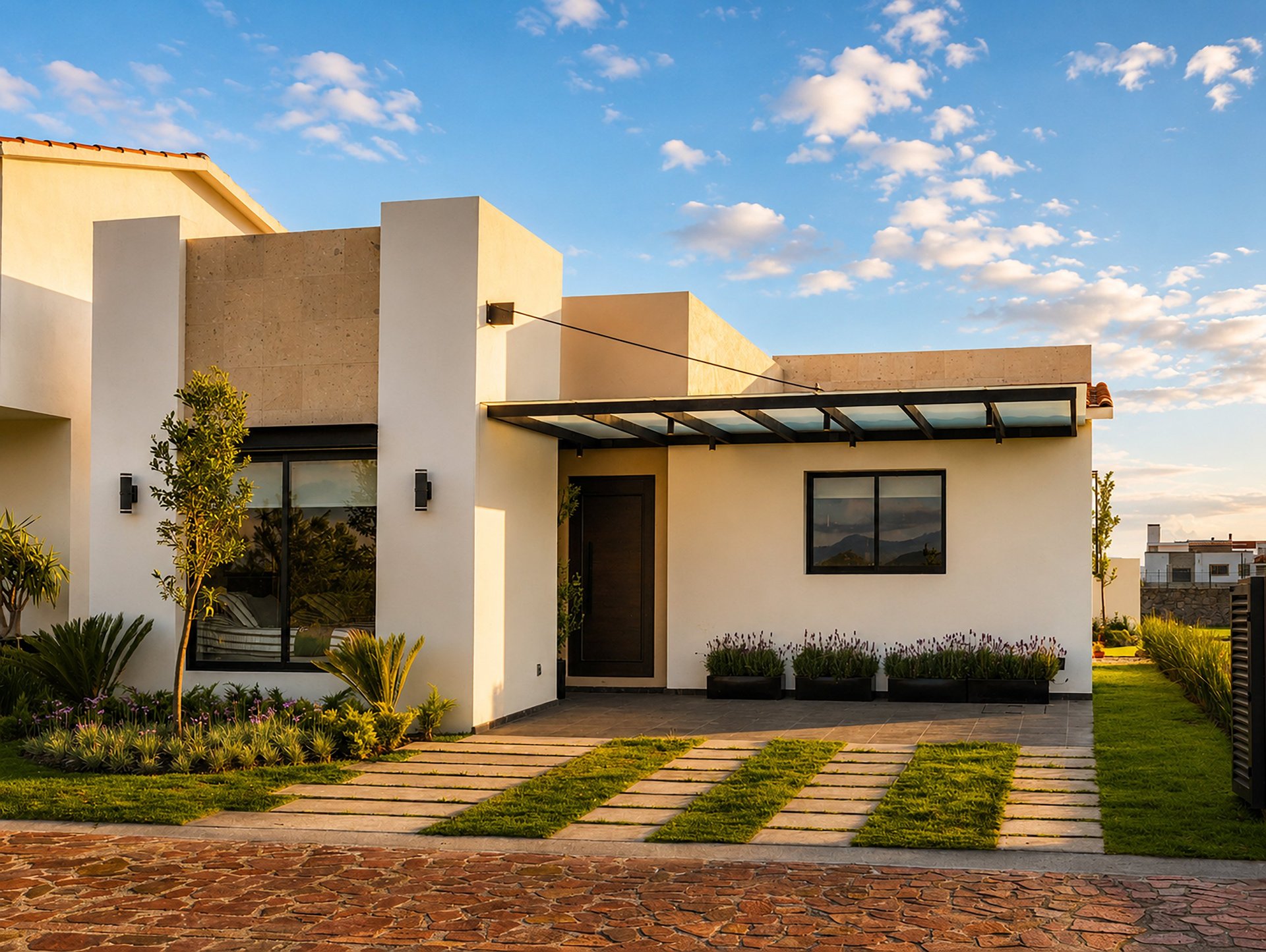 Modern two-story house with cream and tan exterior, geometric design, glass windows, dark door, manicured lawn, and paved walkway under blue sky