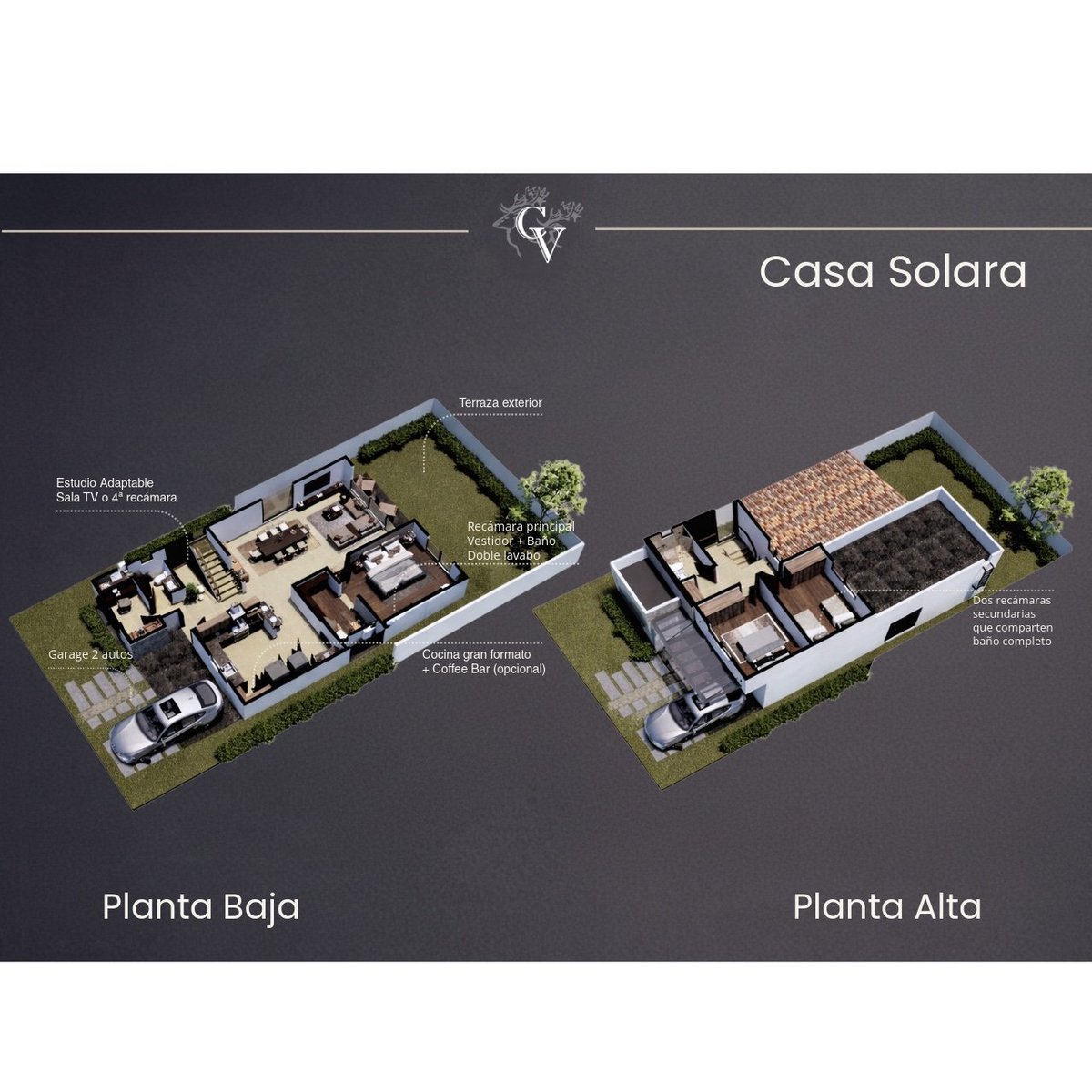 Casa Solara floor plans showing Planta Baja and Planta Alta layouts with room labels and architectural details