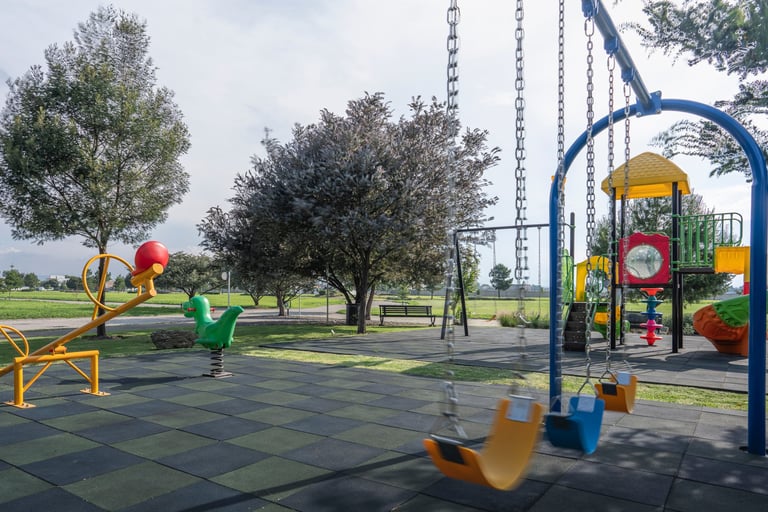 Suburban playground with colorful play structures, swings, and climbing equipment on a sunny day with trees and open field in background