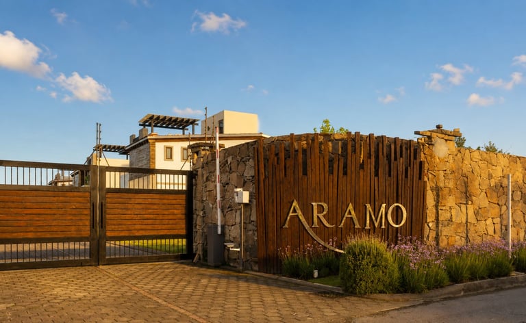 Exterior of Aramo winery with rustic wooden entrance gate and signage against clear blue sky