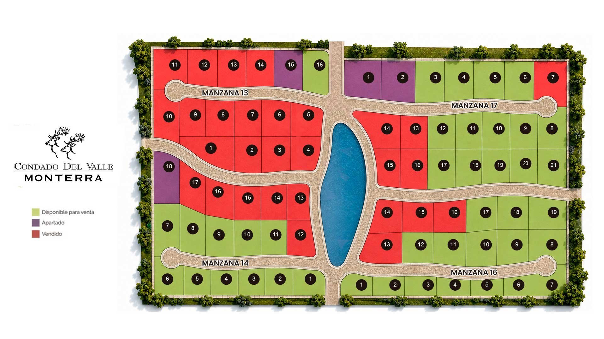Colored site map of Monterra residential development showing manzanas (blocks) and lot layouts with green landscaping borders
