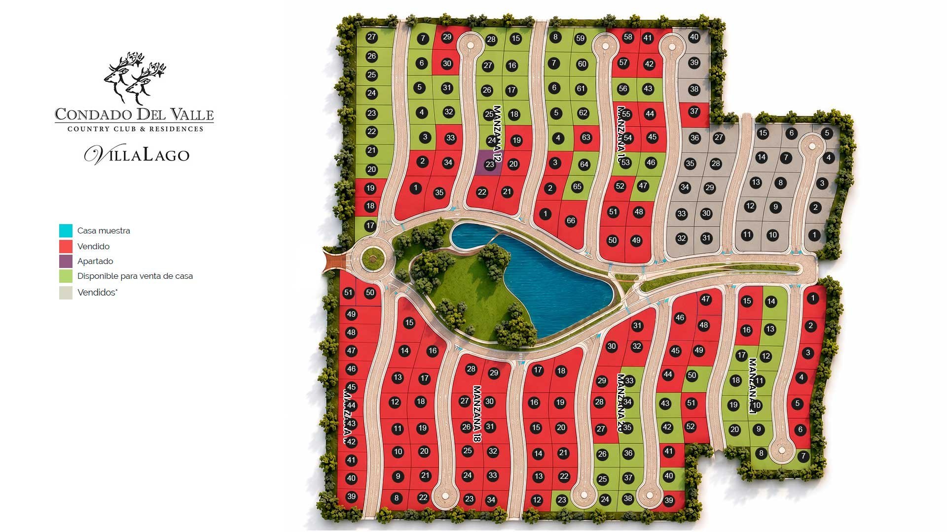 Aerial view of Condado del Valle residential development showing colored lot sections, central pond, streets, and green spaces