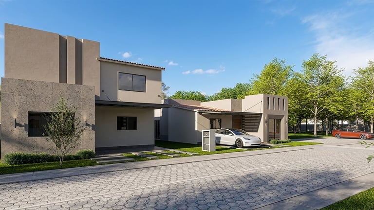Modern two-story house with gray concrete exterior, carport with white car, brick driveway, and green landscaping on sunny day