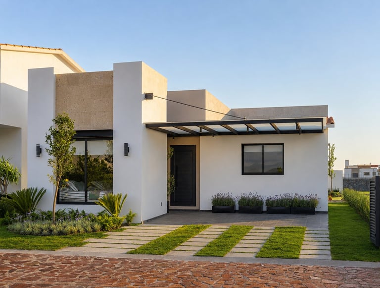 Modern white and beige house with geometric design, featuring black windows, pergola, and manicured lawn with stepping stone pathway