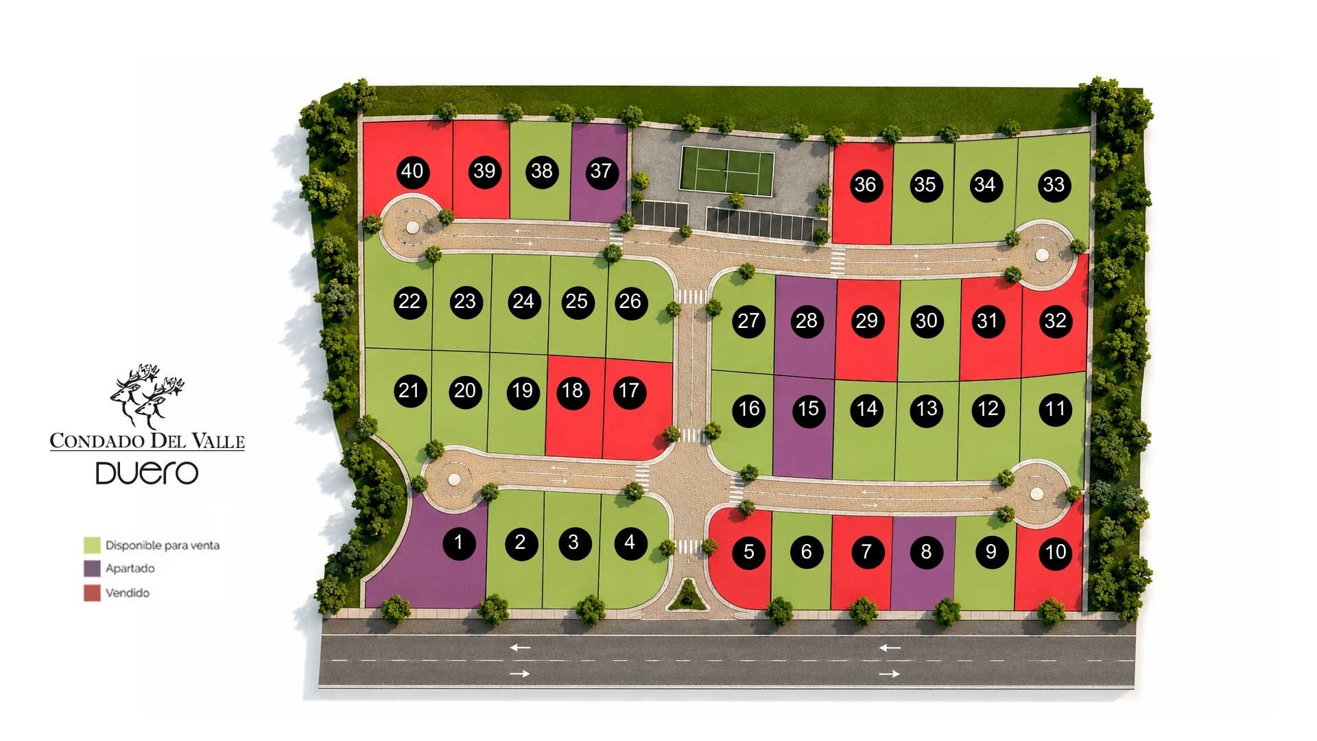 Overhead view of a residential building site plan with color-coded units and landscaping