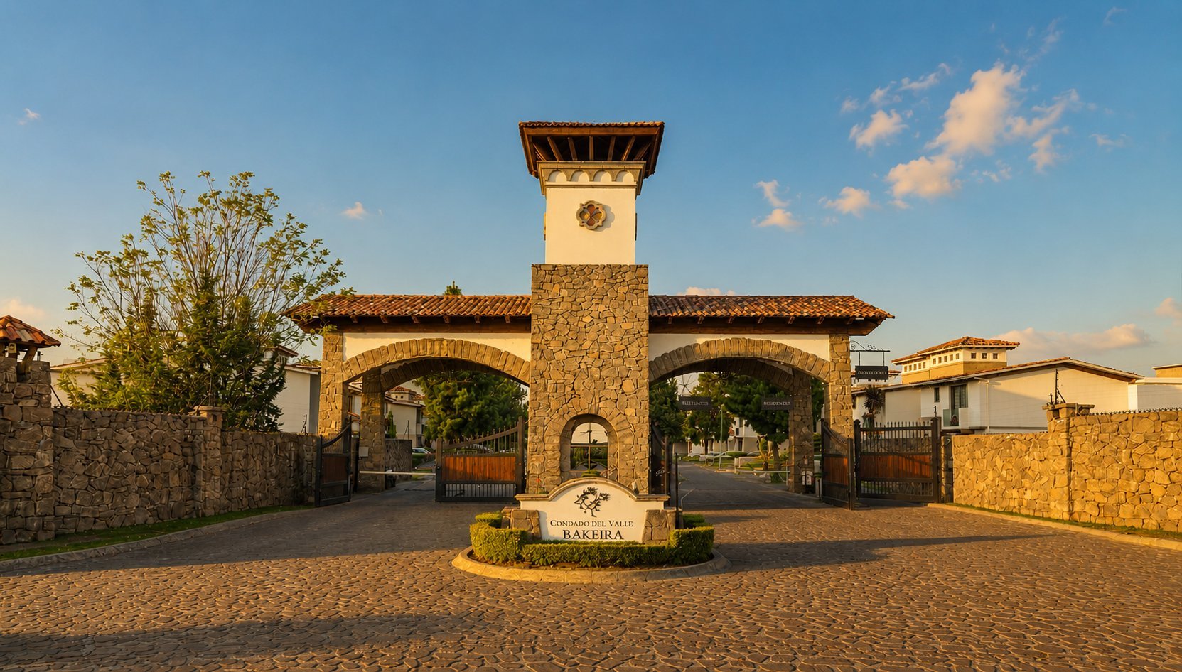 Stone entrance gate with clock tower to a winery or estate property at sunset