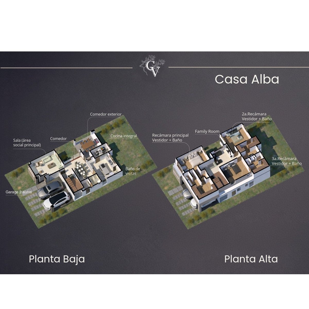 Casa Alba floor plans showing Planta Baja and Planta Alta layouts with labeled rooms and spaces in a residential property