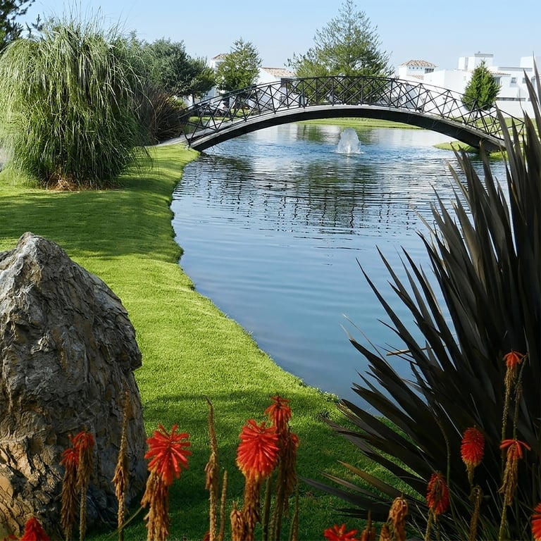 Scenic park with curved bridge over blue pond, green lawn, red flowers, and willow tree
