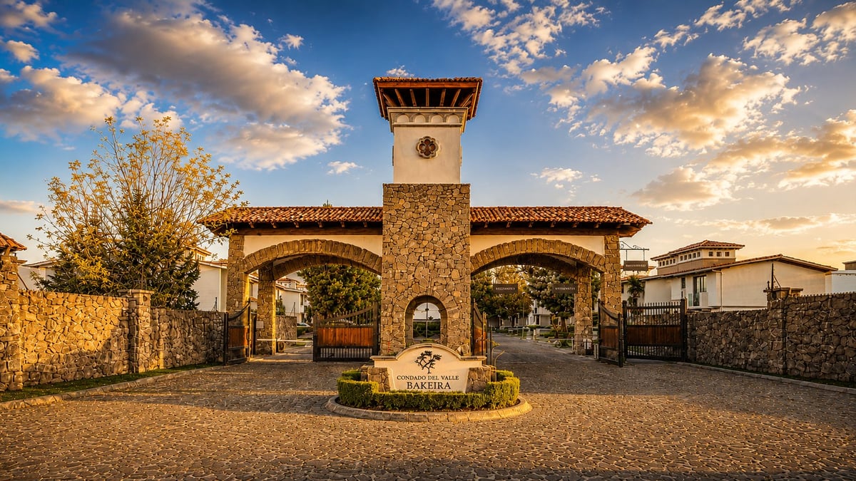 Stone entrance gate with decorative tower and arched passages under blue sky with golden clouds
