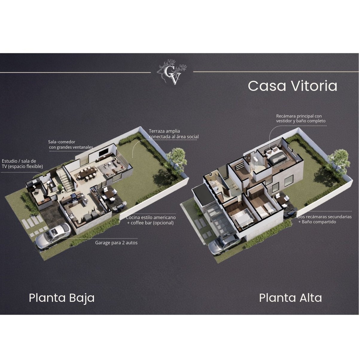 Casa Vitoria floor plans showing Planta Baja and Planta Alta layouts with room labels and labeled features