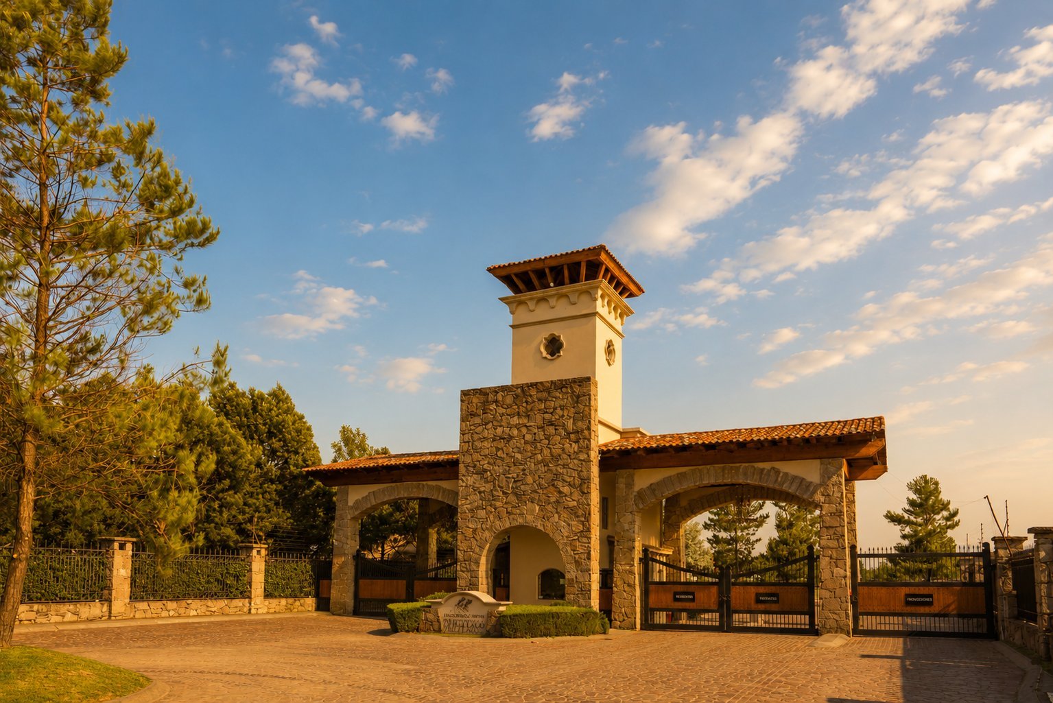 Rustic stone building with a central clock tower, arched entryways, and wooden gates surrounded by pine trees at sunset