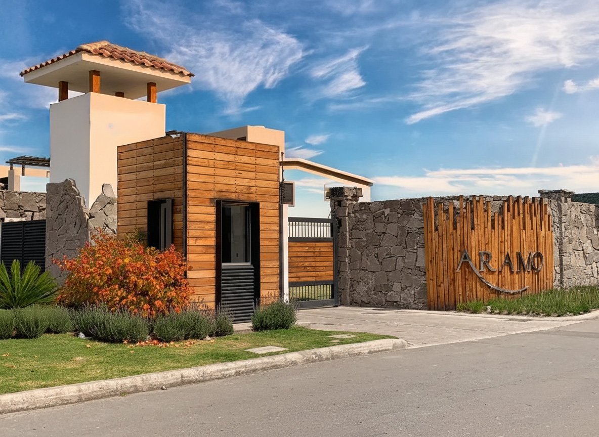 Modern house with wooden exterior and stone walls under clear blue sky, featuring a prominent tower entrance and manicured landscaping