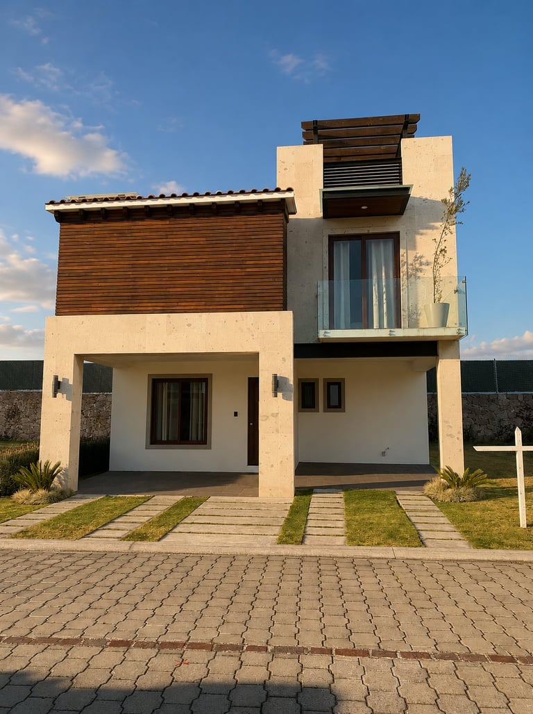 Modern two-story house with cream and brown facade, geometric design, ground floor windows, upper level balcony, brick driveway, and manicured lawn