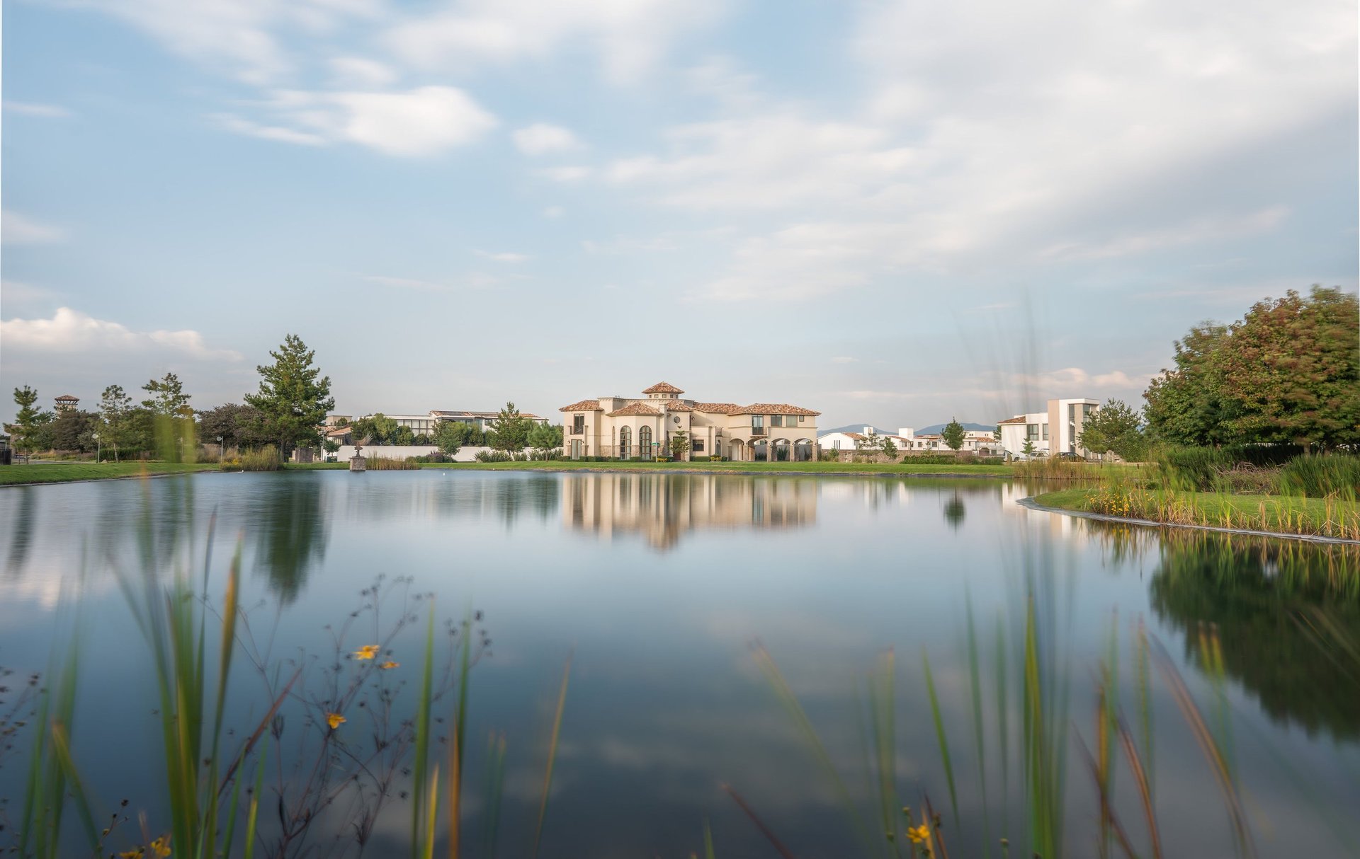 Still lake with reeds in foreground reflecting sky and distant residential buildings with trees under cloudy blue sky