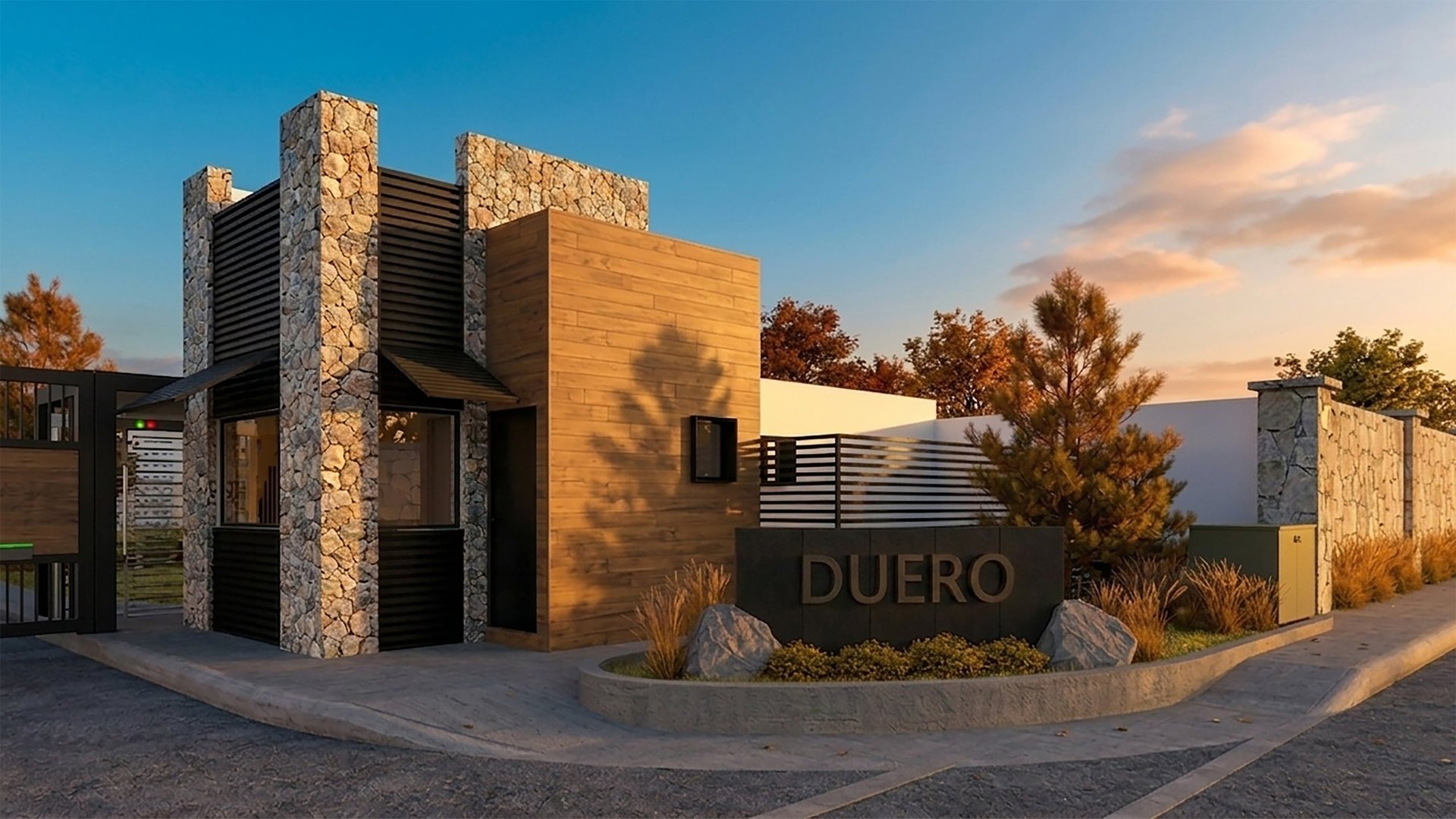 Modern stone and wood building with Duero signage at sunset, featuring landscaped grounds and architectural design.