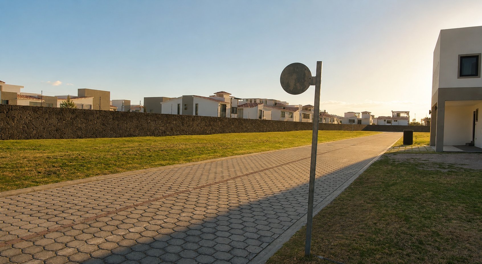 Residential development with paved pathway, green lawn, modern houses, street lamp, and clear sky at sunset