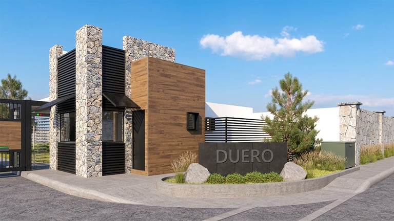 Modern architectural building with stone and wood facade featuring DUERO signage and decorative landscaping