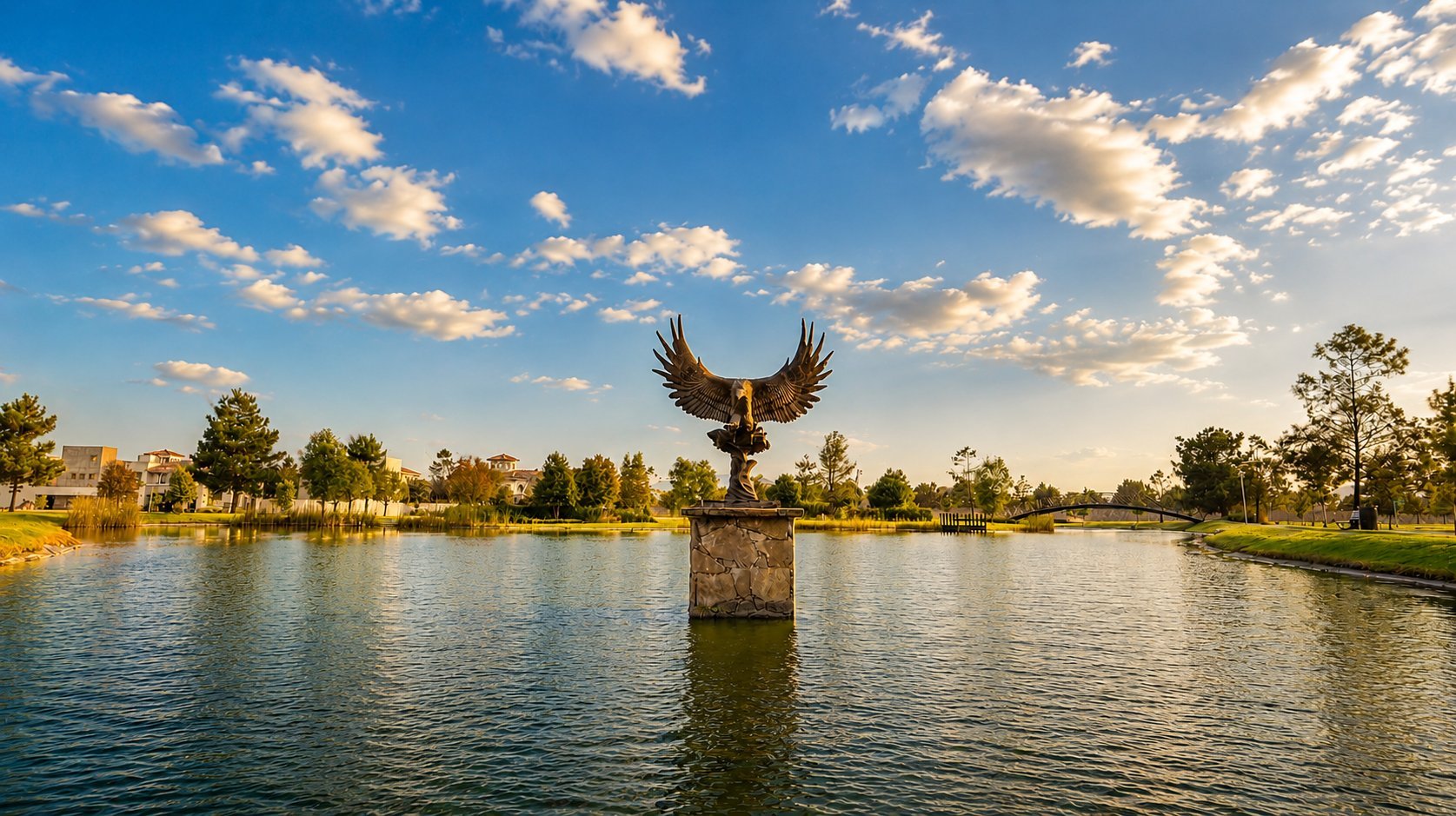 Bronze eagle statue with spread wings on a pedestal in a calm river, surrounded by trees and blue sky with white clouds