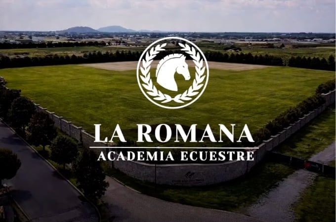 La Romana Academia Ecuestre logo with horse emblem overlaid on aerial view of green countryside with mountains