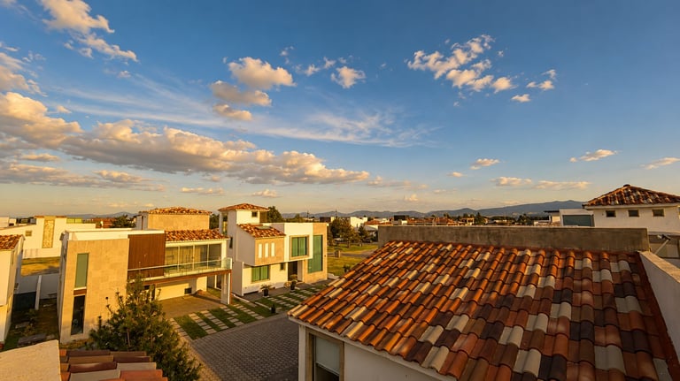 Aerial view of residential neighborhood with modern homes, terracotta roofing, and mountains under blue sky with clouds