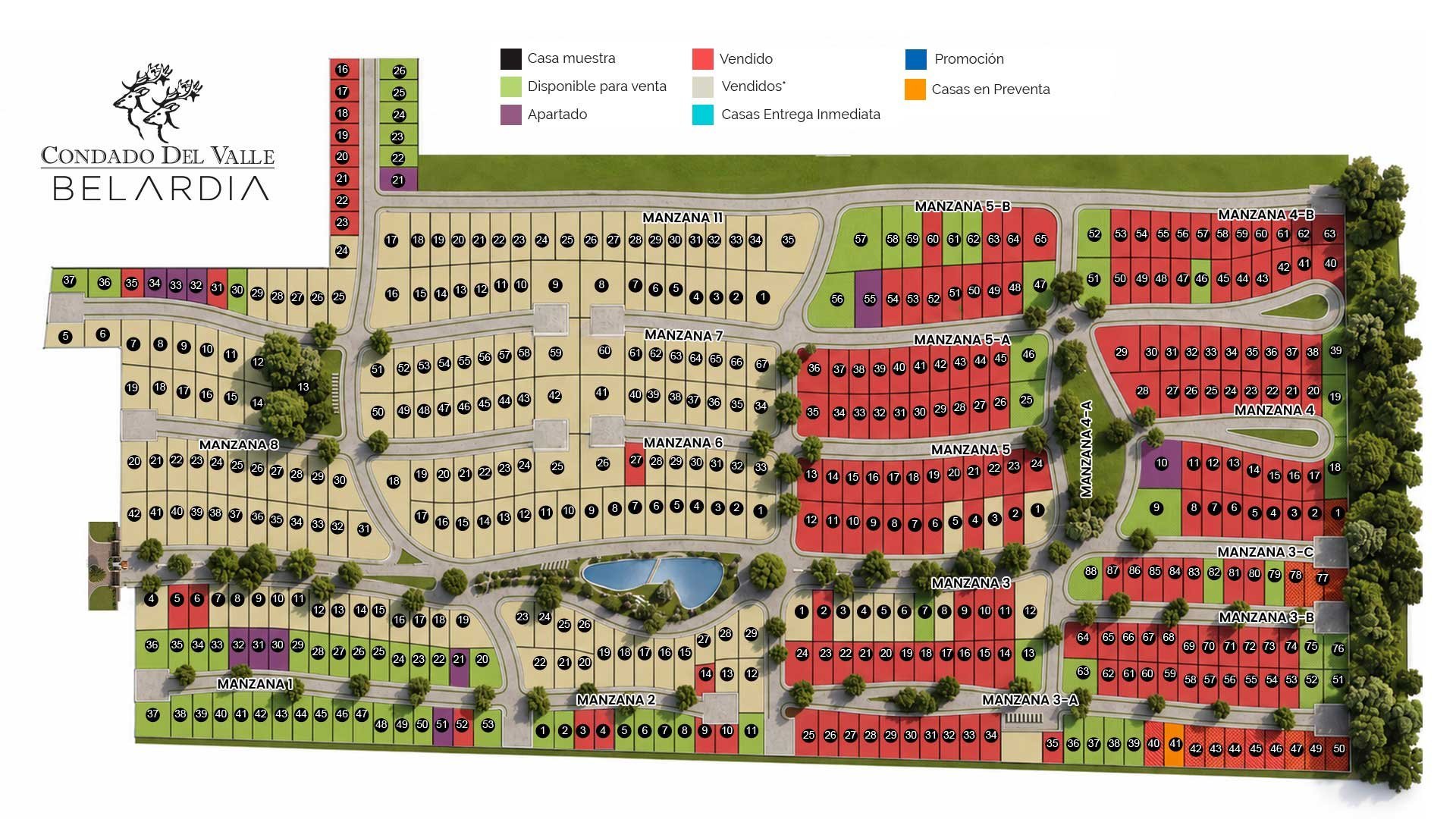 Aerial site plan of Condominio Belardia residential community showing lot layouts, amenities, and landscaping