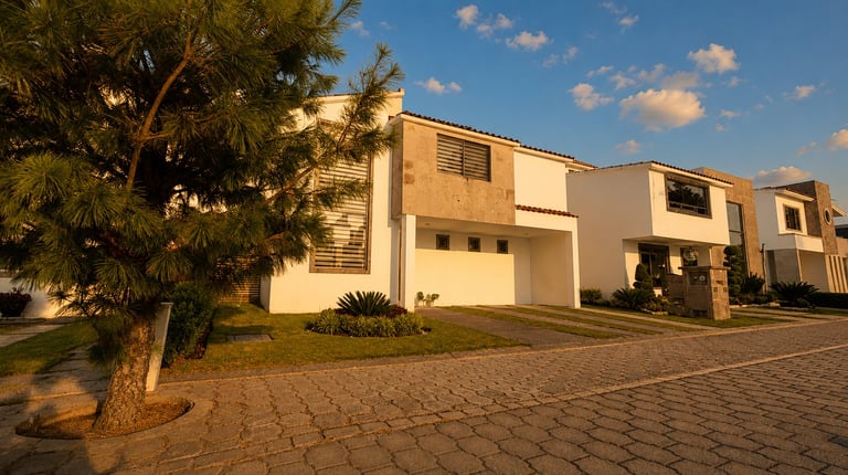 Row of modern residential houses along a tree-lined street with brick paving and clear blue sky.