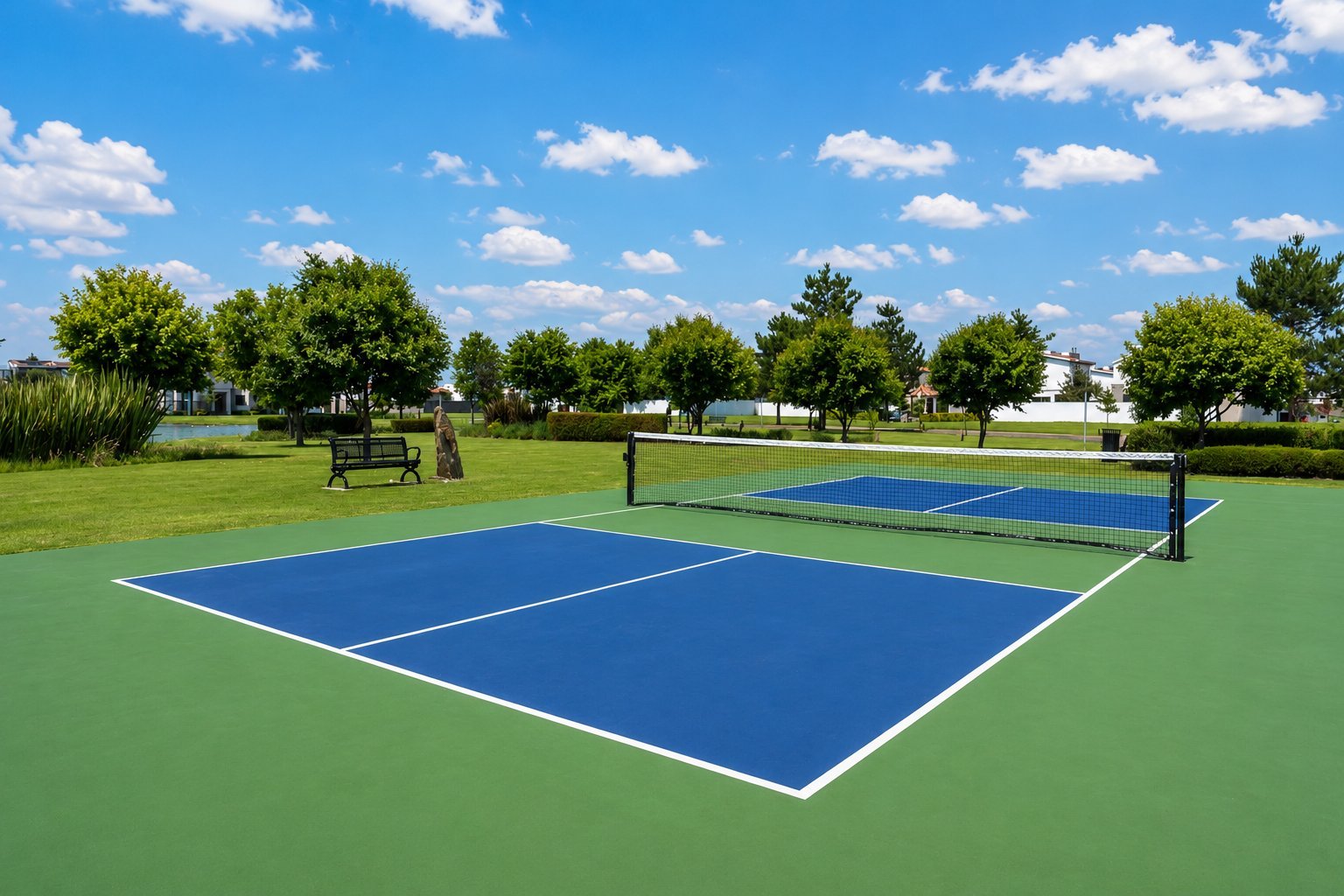 Outdoor pickleball courts with blue playing surfaces and net in a sunny park surrounded by green trees